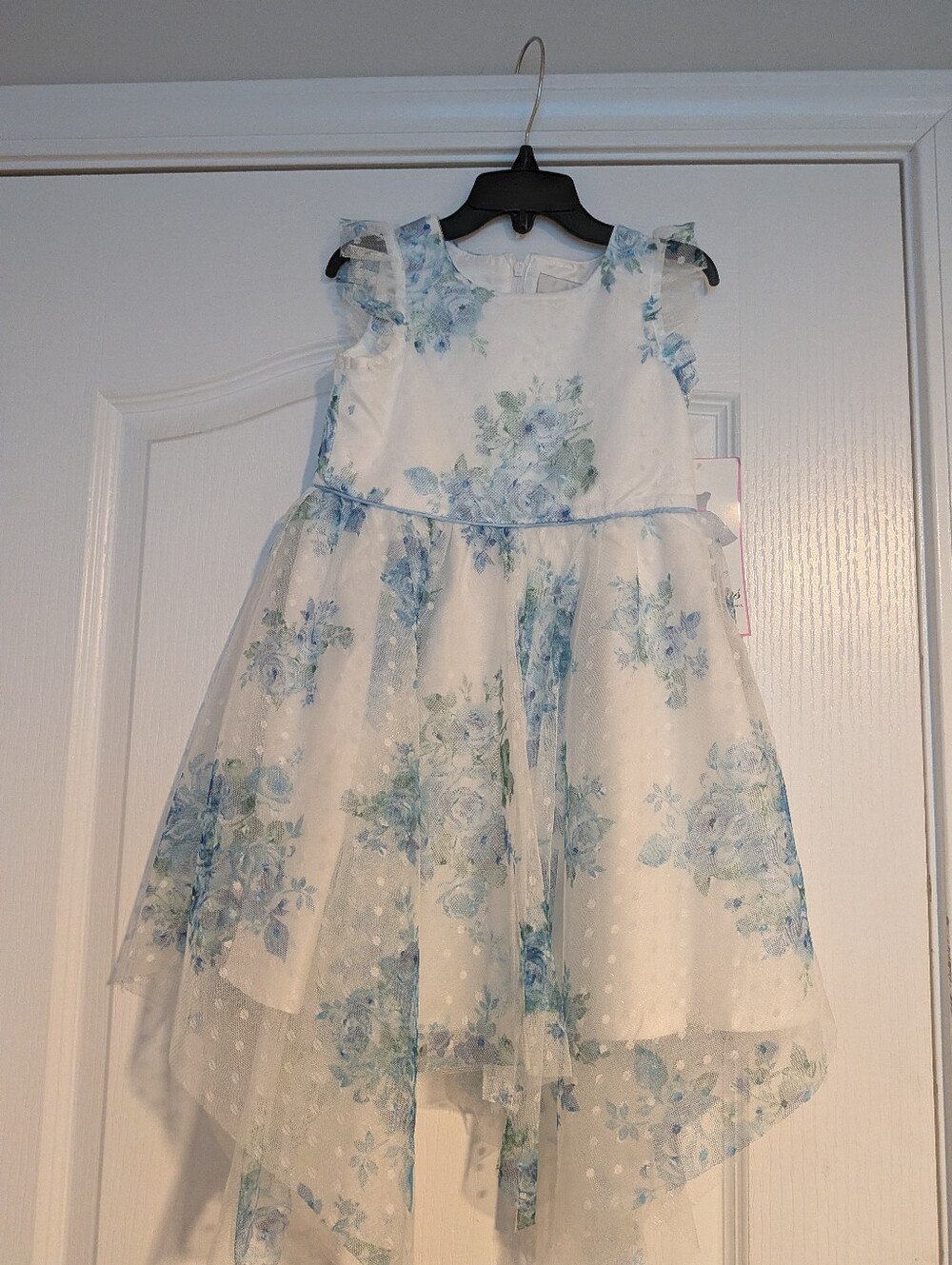 Rare Editions White and Blue Floral Tulle Dress